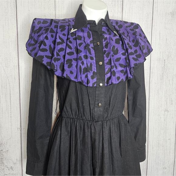 Vintage Lilia Smitty Black Western Dress Purple Print Yoke Shirt Dress, sz Small - Picture 2 of 6